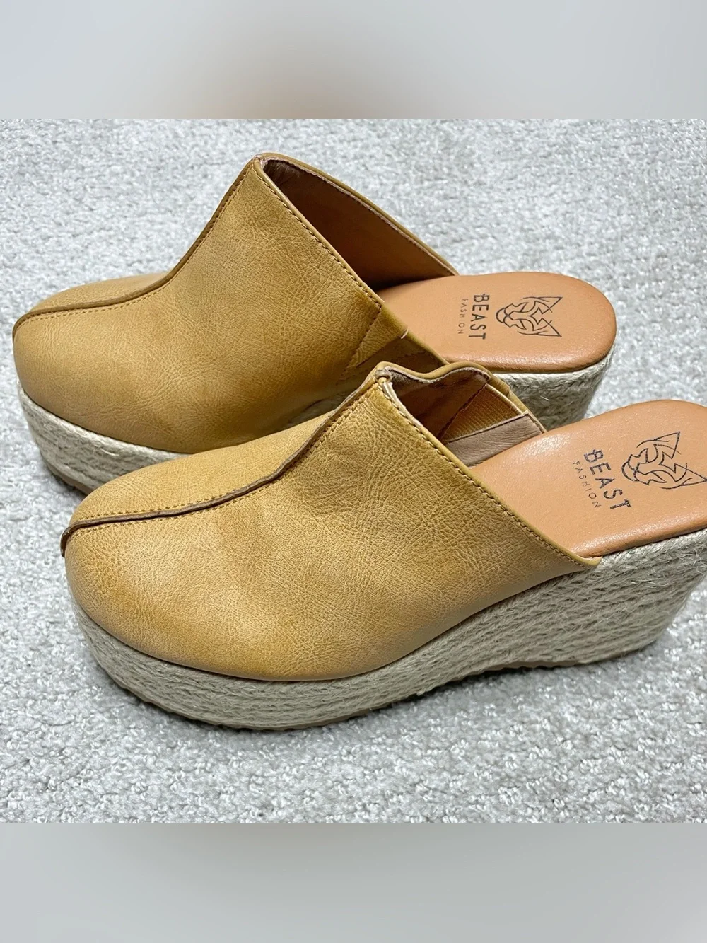 BEAST FASHION Tan Espadrille Platform Mule Slides